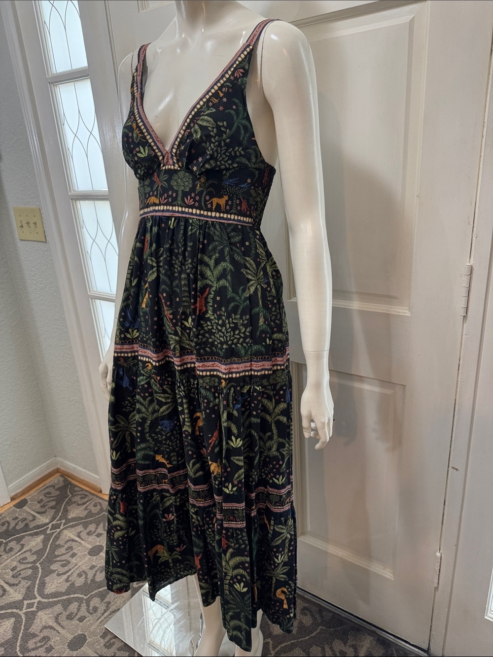 Farm Rio 100% Cotton V-Neck Tiered Tropical Print Maxi Floral Black Dress Sz S - Picture 8 of 15